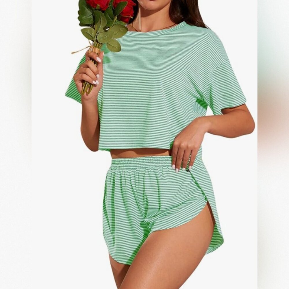 Women's Two Piece Pajama Set Striped Print Short Sleeve Tee and Side Split Short
